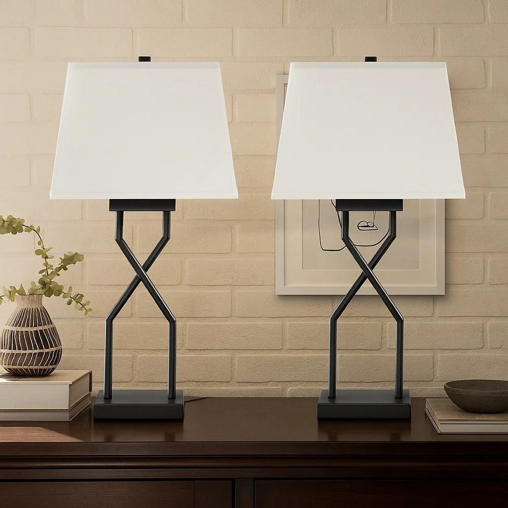 Benjara Table Lamp Set of 2, Empire Fabric Shade, Black Geometric Base w USB