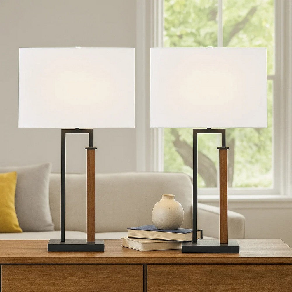 Benjara Table Lamp Set of 2, Curved Wired Bronze Base, White Fabric Shade
