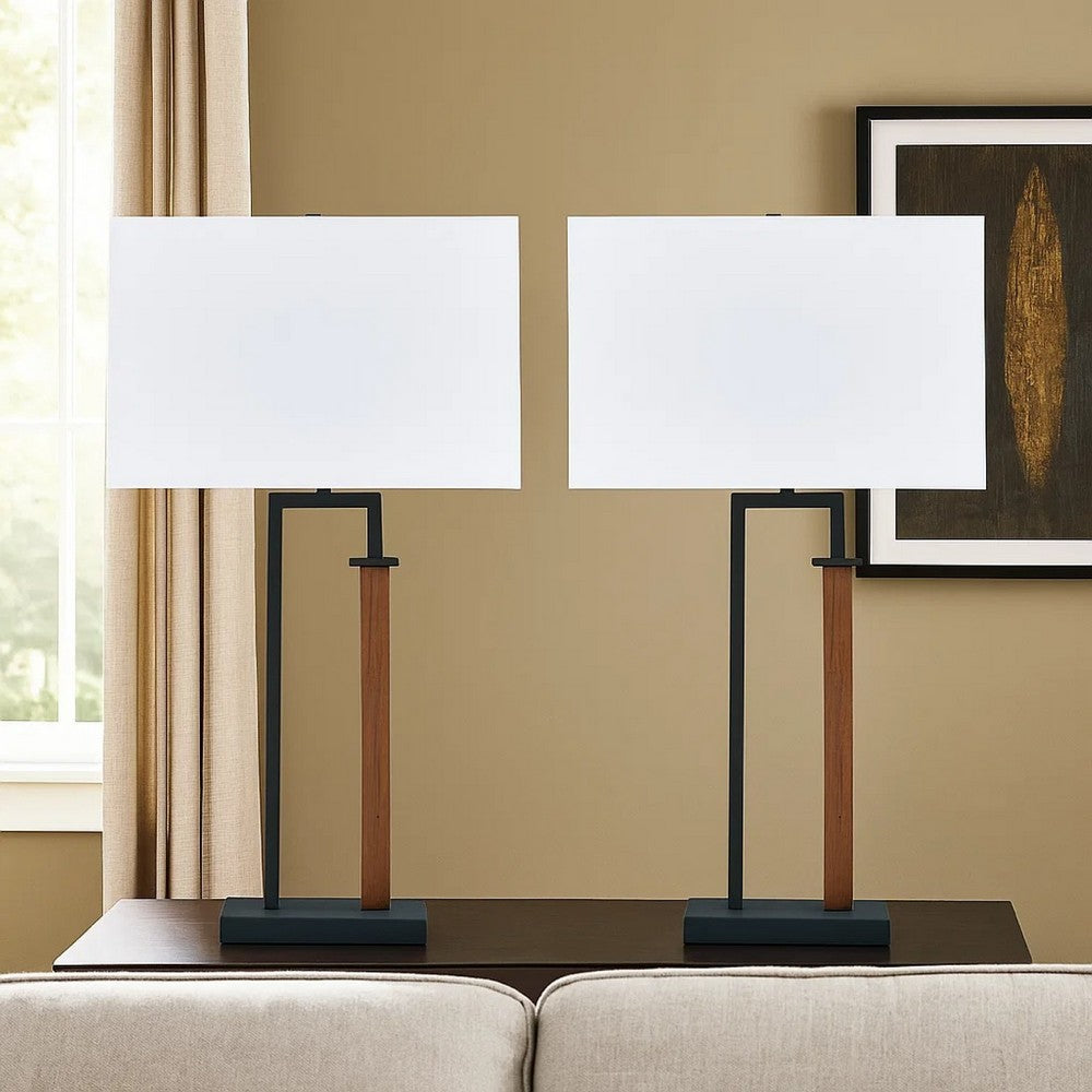 Benjara Table Lamp Set of 2, Curved Wired Bronze Base, White Fabric Shade