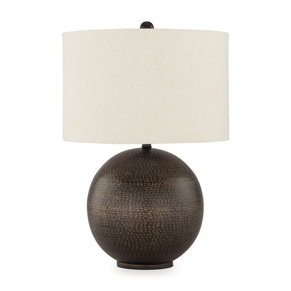 Benjara Soy Table Lamp, White Drum Shade, Gold Accent Black Round Base 27 Inch
