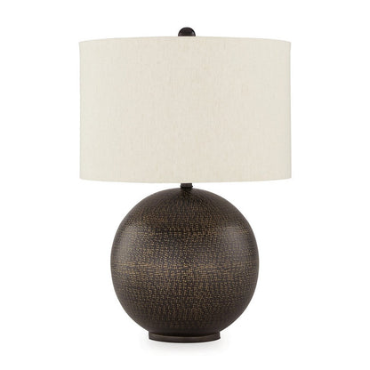 Benjara Soy Table Lamp, White Drum Shade, Gold Accent Black Round Base 27 Inch