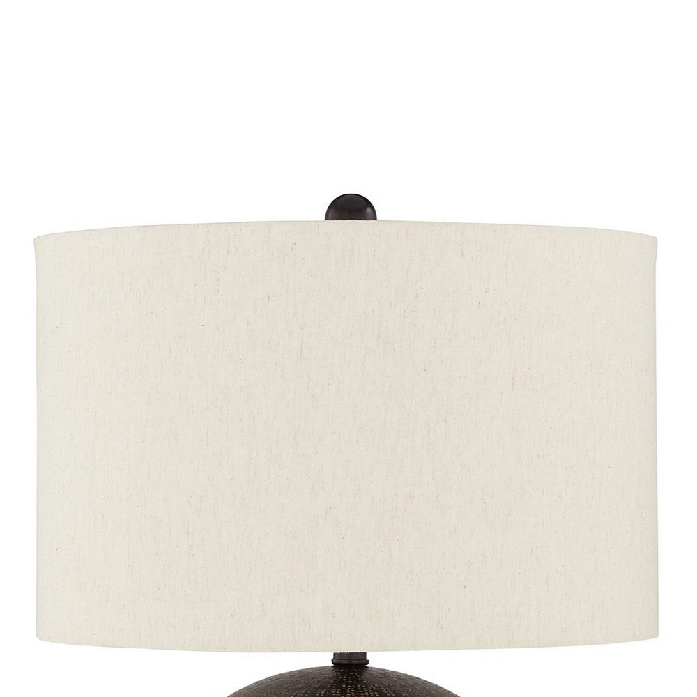 Benjara Soy Table Lamp, White Drum Shade, Gold Accent Black Round Base 27 Inch