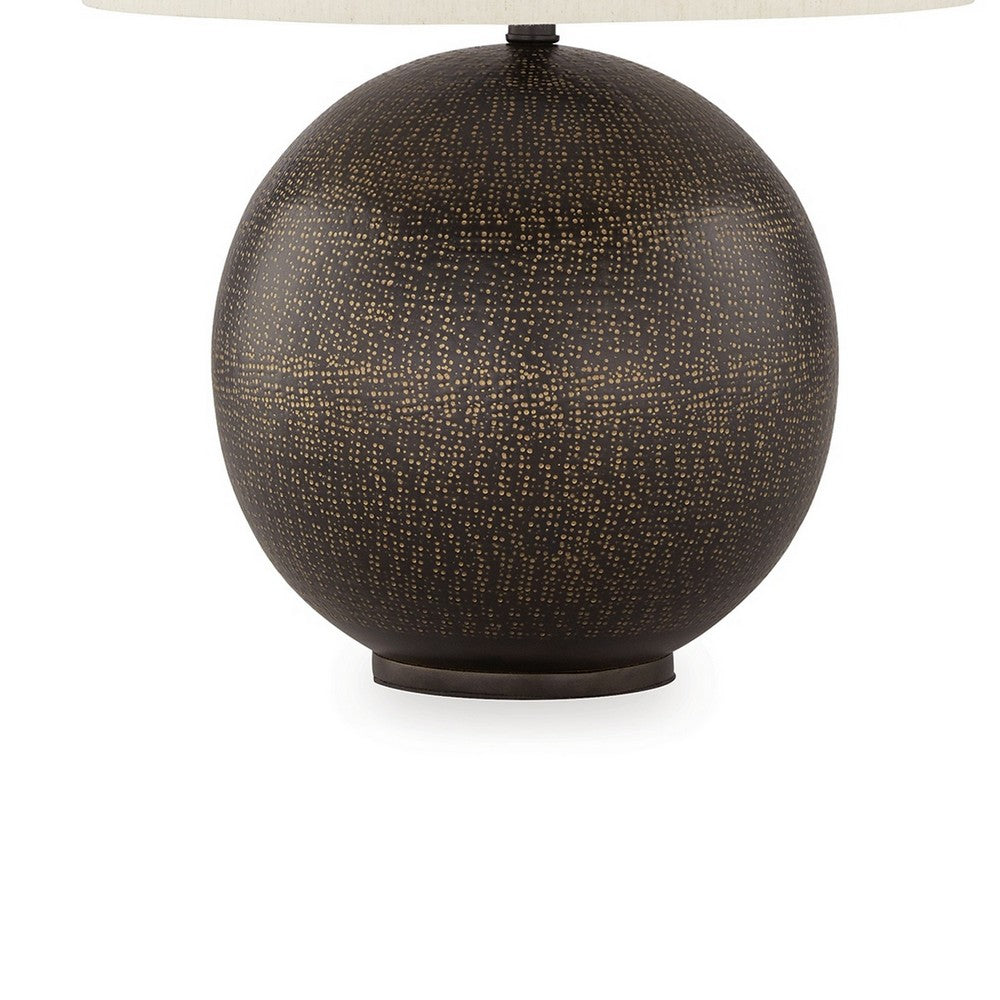 Benjara Soy Table Lamp, White Drum Shade, Gold Accent Black Round Base 27 Inch