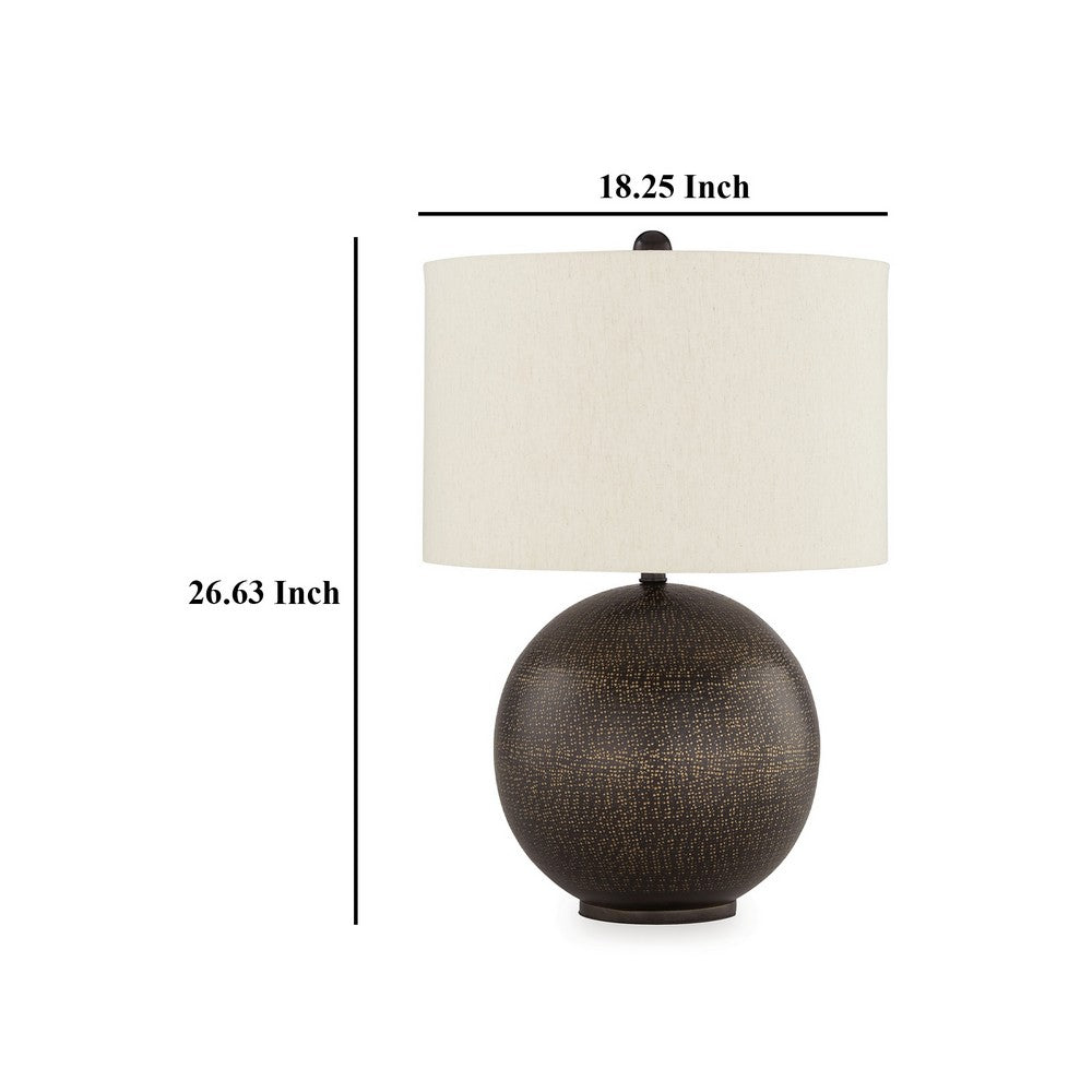 Benjara Soy Table Lamp, White Drum Shade, Gold Accent Black Round Base 27 Inch