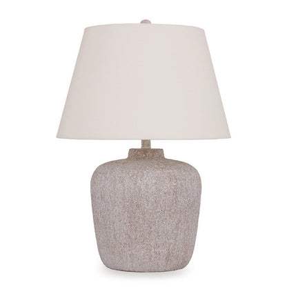 Benjara Rey Table Lamp, Empire Fabric Shade, 27 Inch Ivory Pot Metal Base