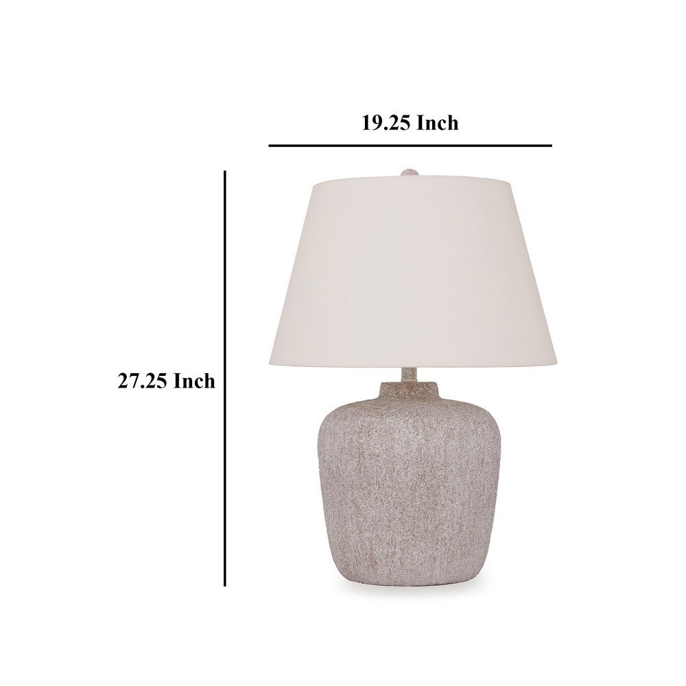 Benjara Rey Table Lamp, Empire Fabric Shade, 27 Inch Ivory Pot Metal Base