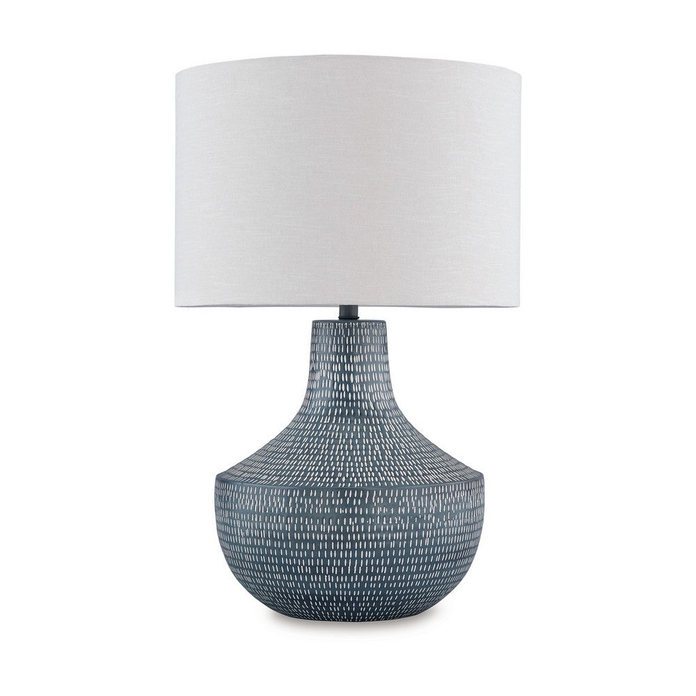 Benjara Lym Table Lamp, Gray Hammered Metal Base, White Fabric Shade 28 Inch