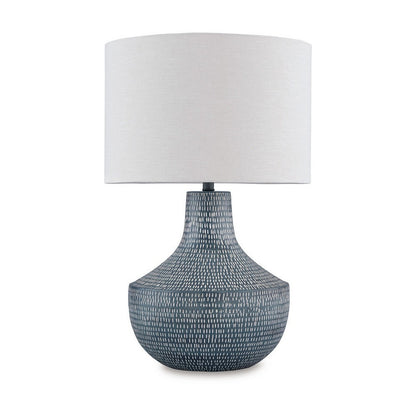 Benjara Lym Table Lamp, Gray Hammered Metal Base, White Fabric Shade 28 Inch