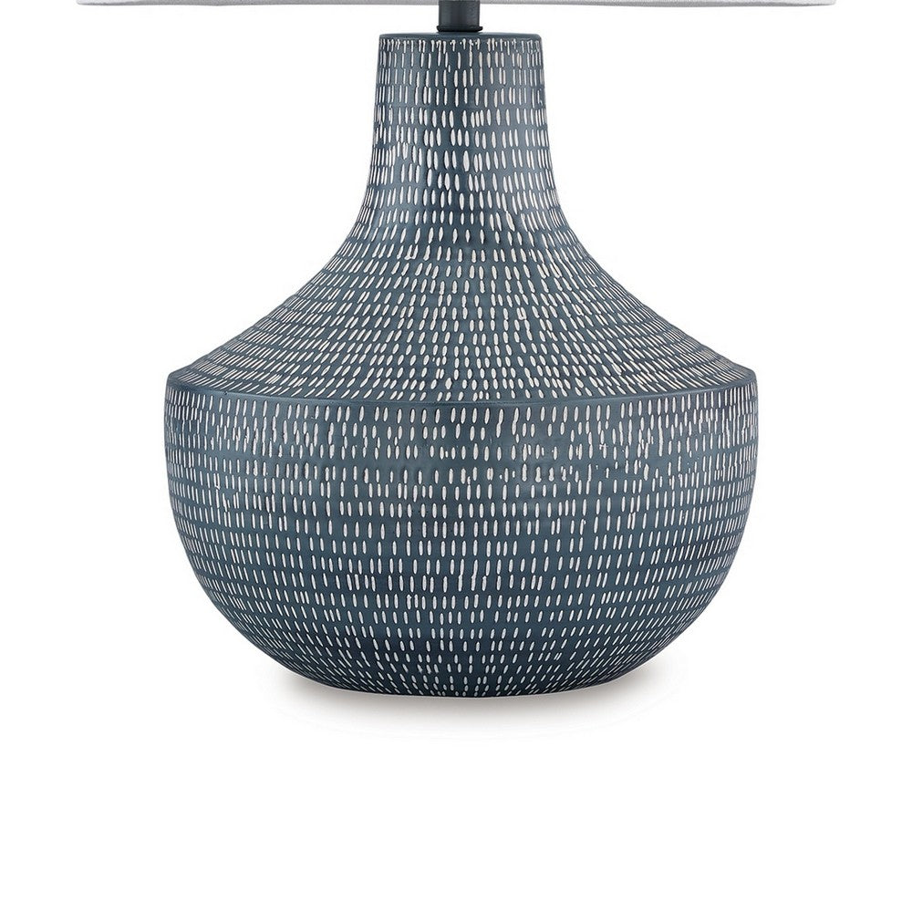 Benjara Lym Table Lamp, Gray Hammered Metal Base, White Fabric Shade 28 Inch