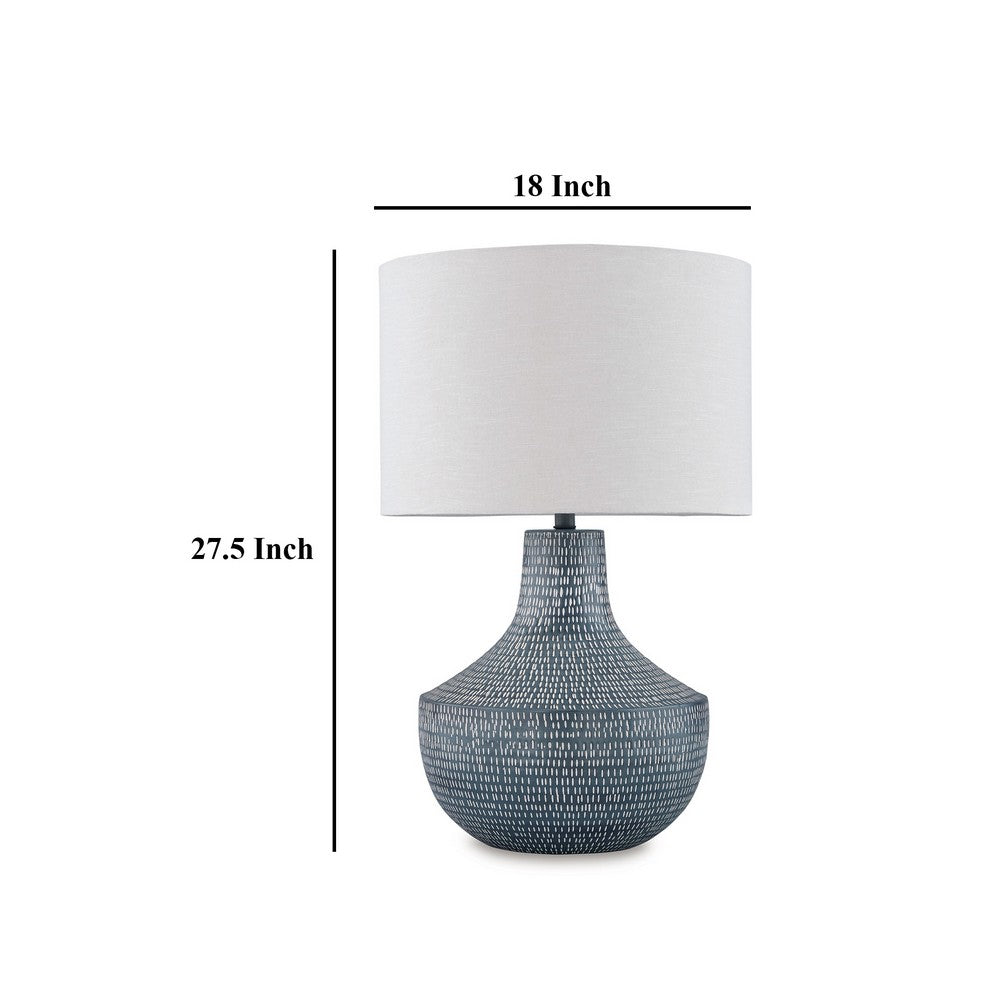 Benjara Lym Table Lamp, Gray Hammered Metal Base, White Fabric Shade 28 Inch