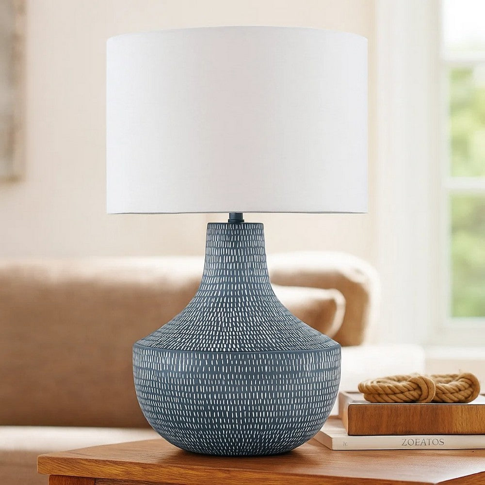 Benjara Lym Table Lamp, Gray Hammered Metal Base, White Fabric Shade 28 Inch