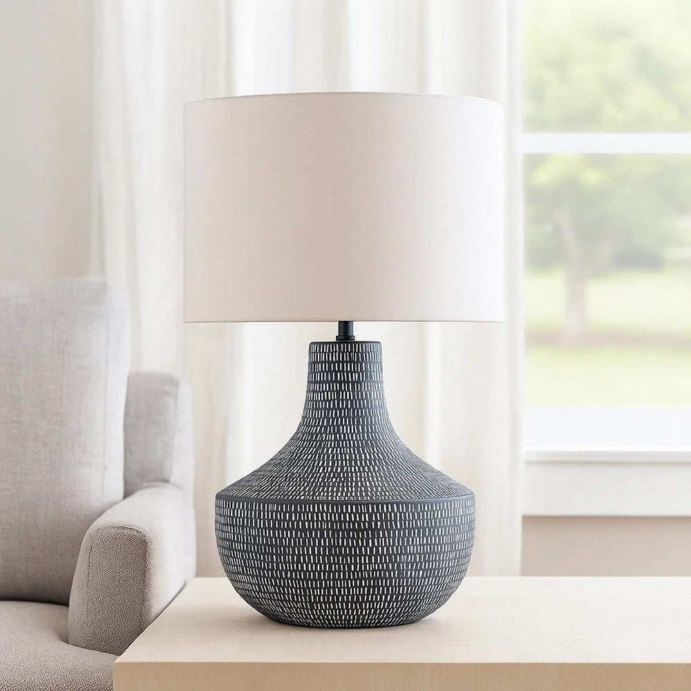 Benjara Lym Table Lamp, Gray Hammered Metal Base, White Fabric Shade 28 Inch