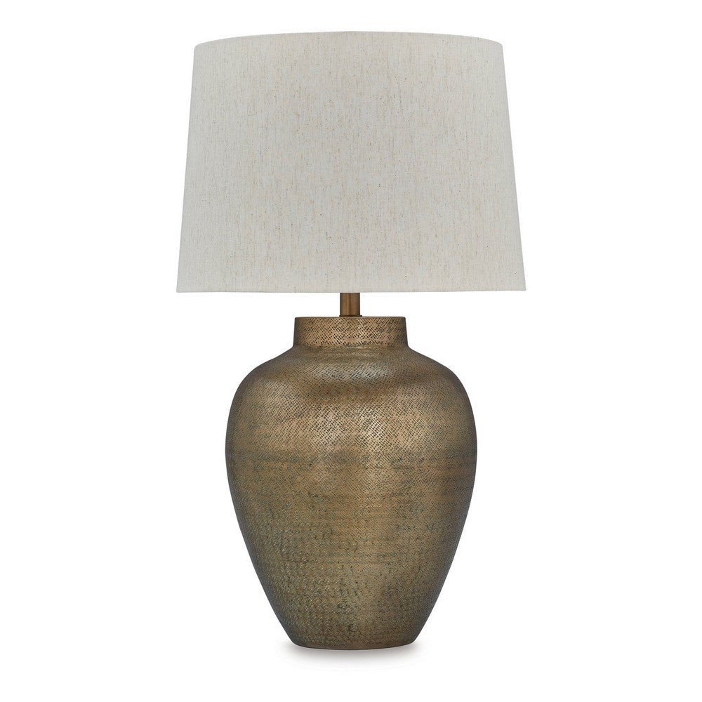 Benjara Table Lamp, Metal Hammered Pot Base, White Fabric Drum Shade 29 Inch