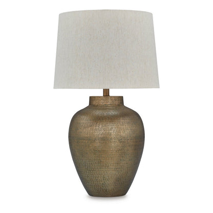 Benjara Table Lamp, Metal Hammered Pot Base, White Fabric Drum Shade 29 Inch