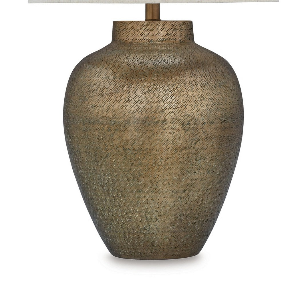Benjara Table Lamp, Metal Hammered Pot Base, White Fabric Drum Shade 29 Inch