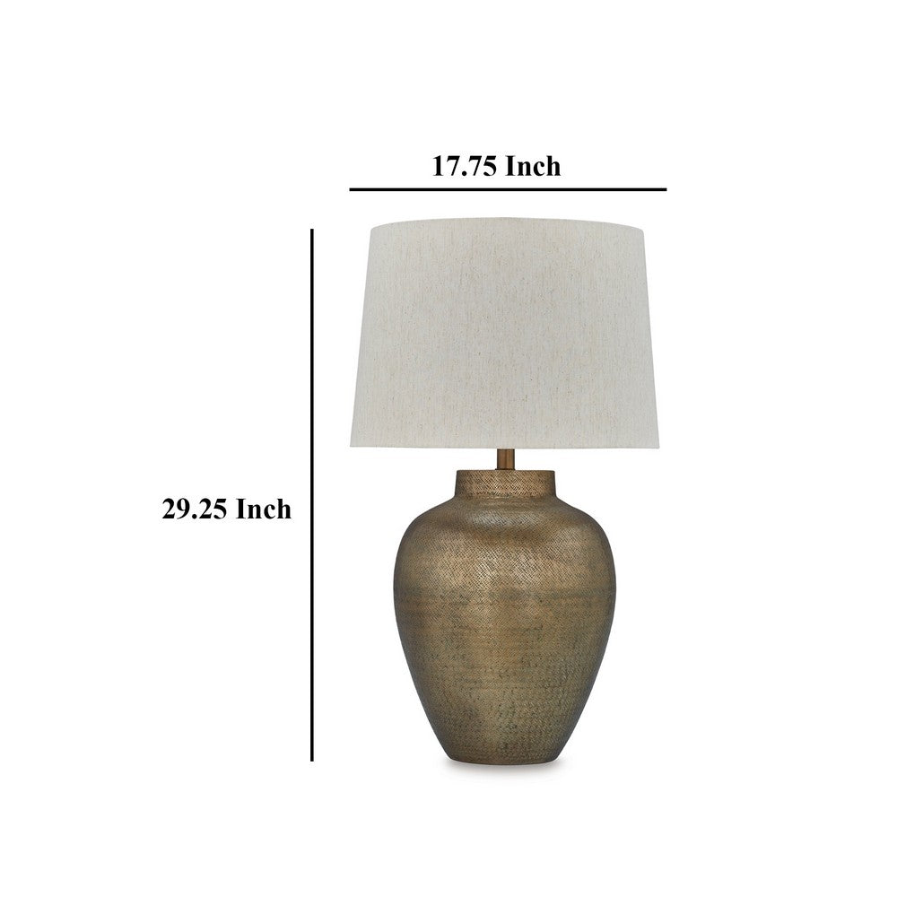 Benjara Table Lamp, Metal Hammered Pot Base, White Fabric Drum Shade 29 Inch