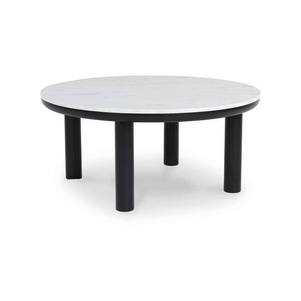 Benjara Dae 3pc Coffee And End Table Set, Round White Faux Marble, Black