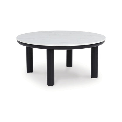 Benjara Dae 3pc Coffee And End Table Set, Round White Faux Marble, Black