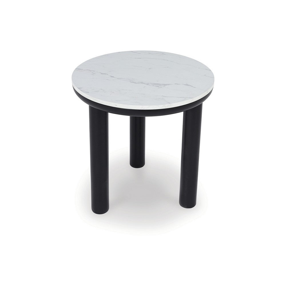 Benjara Dae 3pc Coffee And End Table Set, Round White Faux Marble, Black
