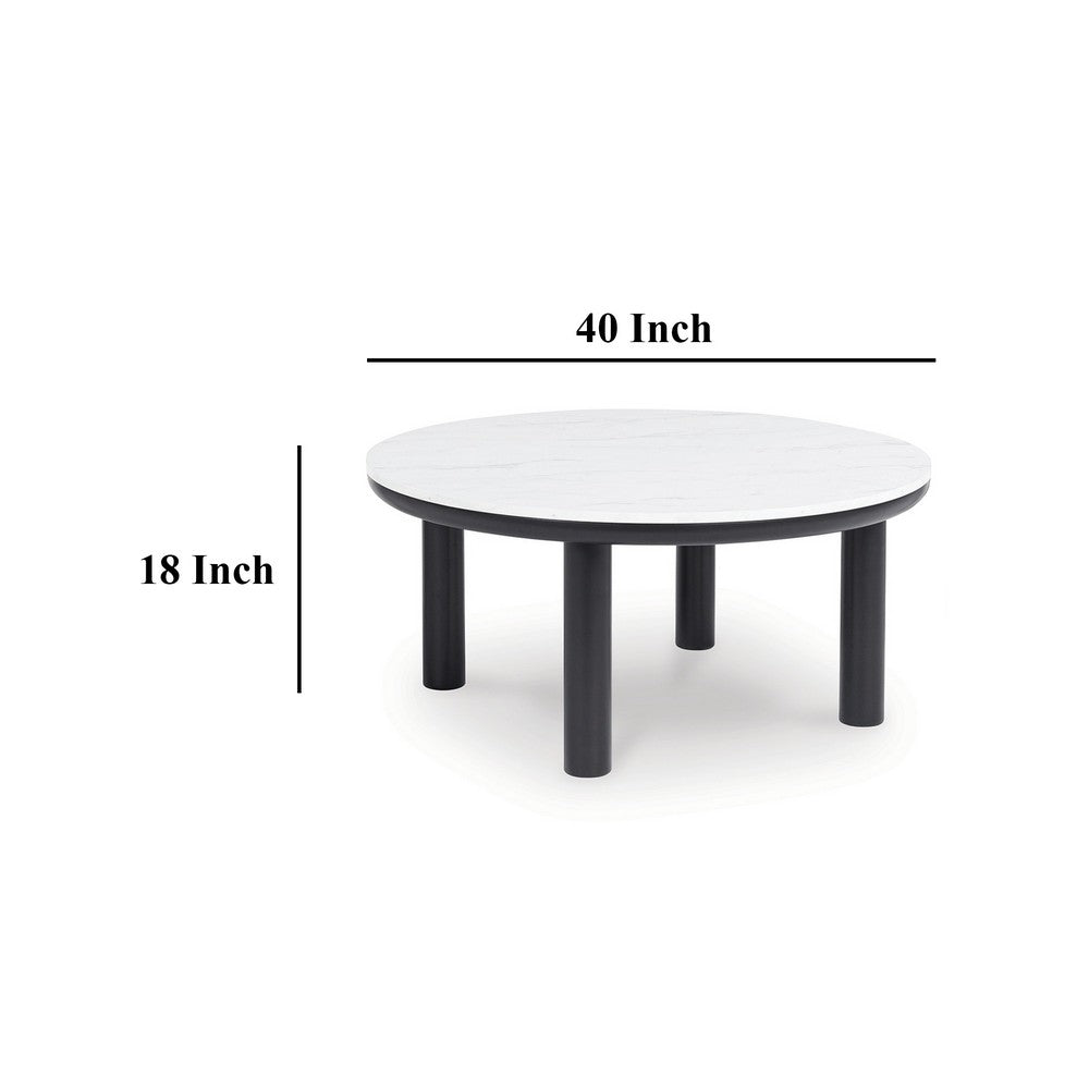 Benjara Dae 3pc Coffee And End Table Set, Round White Faux Marble, Black