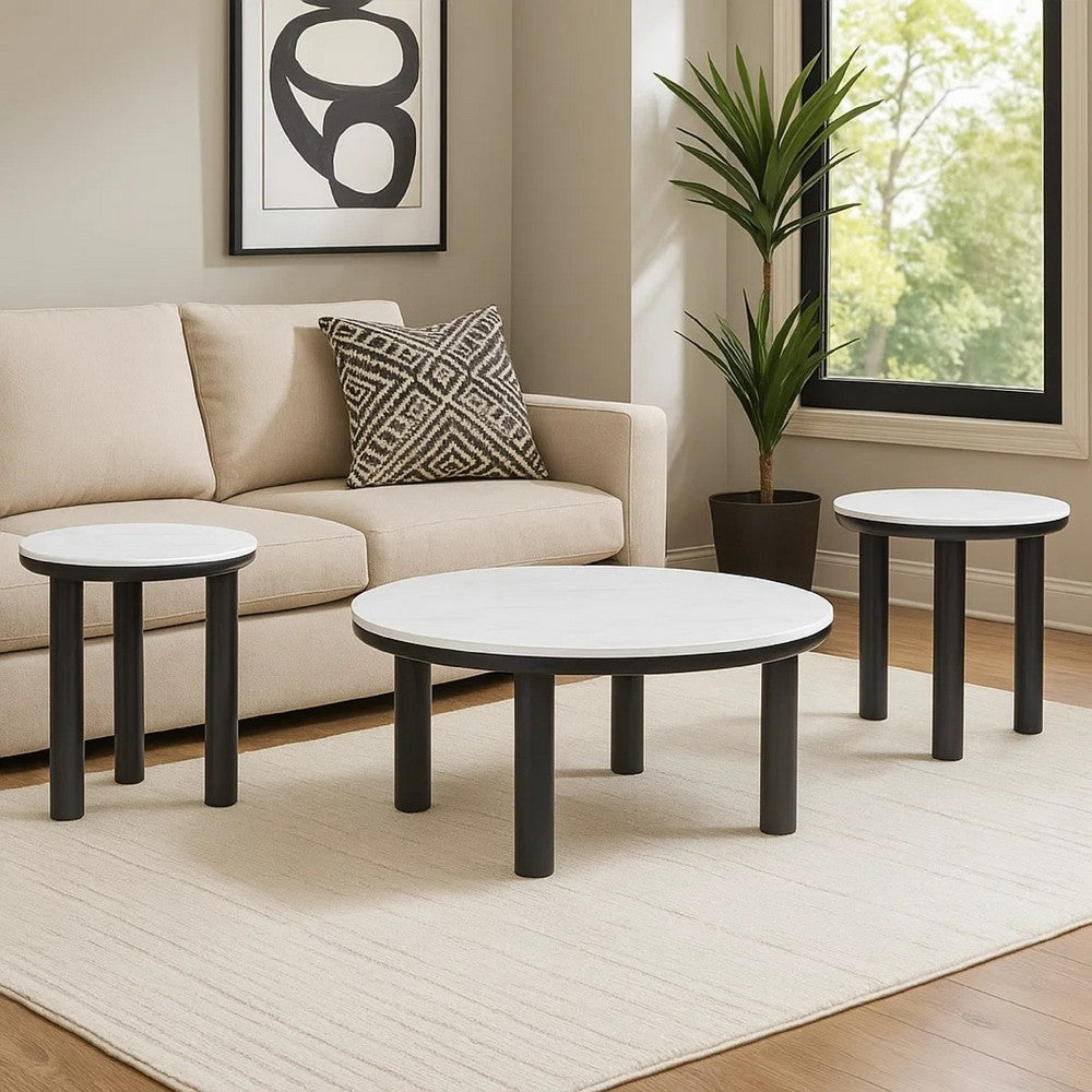 Benjara Dae 3pc Coffee And End Table Set, Round White Faux Marble, Black