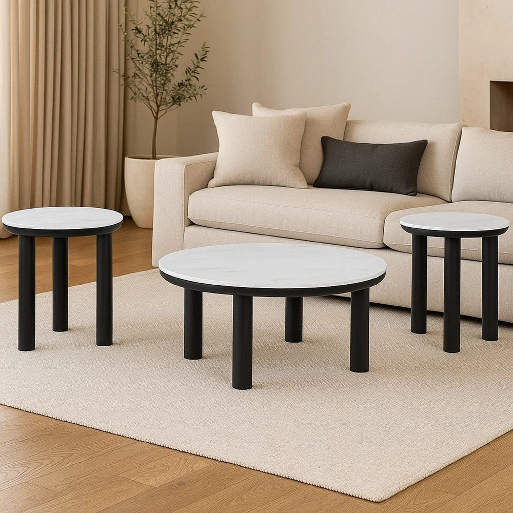 Benjara Dae 3pc Coffee And End Table Set, Round White Faux Marble, Black