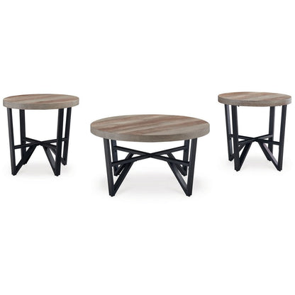 Benjara Hya 3pc Coffee And End Table Set, Brown Wood Round Top, Black Angular