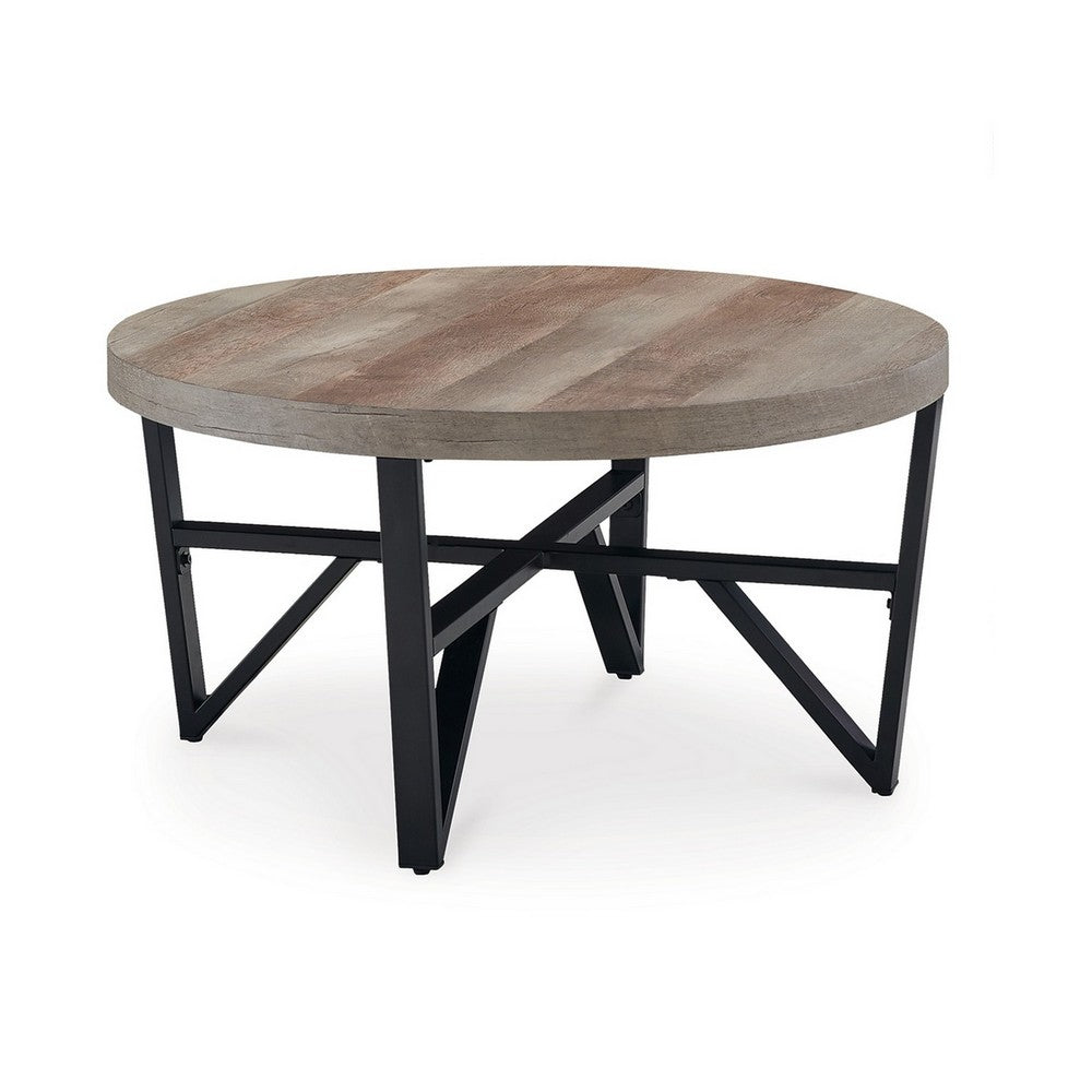 Benjara Hya 3pc Coffee And End Table Set, Brown Wood Round Top, Black Angular