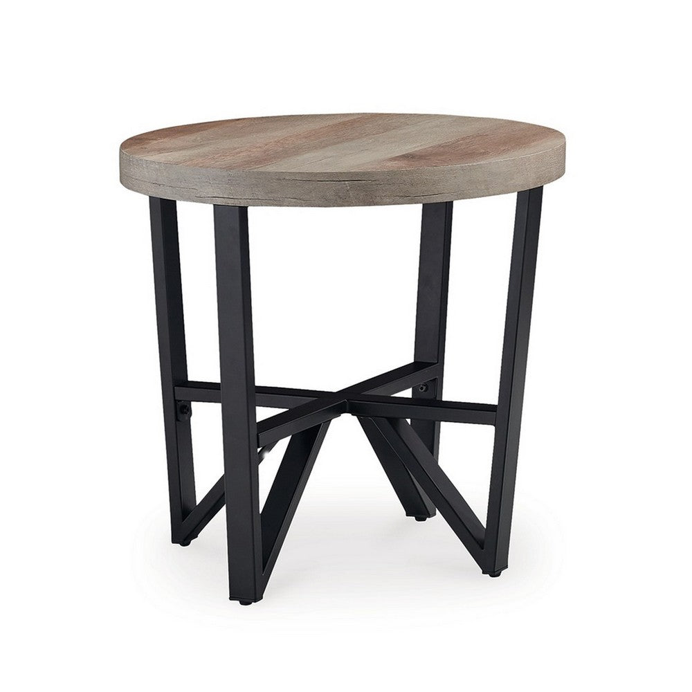 Benjara Hya 3pc Coffee And End Table Set, Brown Wood Round Top, Black Angular