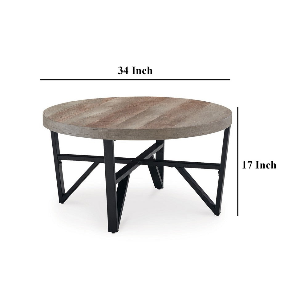 Benjara Hya 3pc Coffee And End Table Set, Brown Wood Round Top, Black Angular