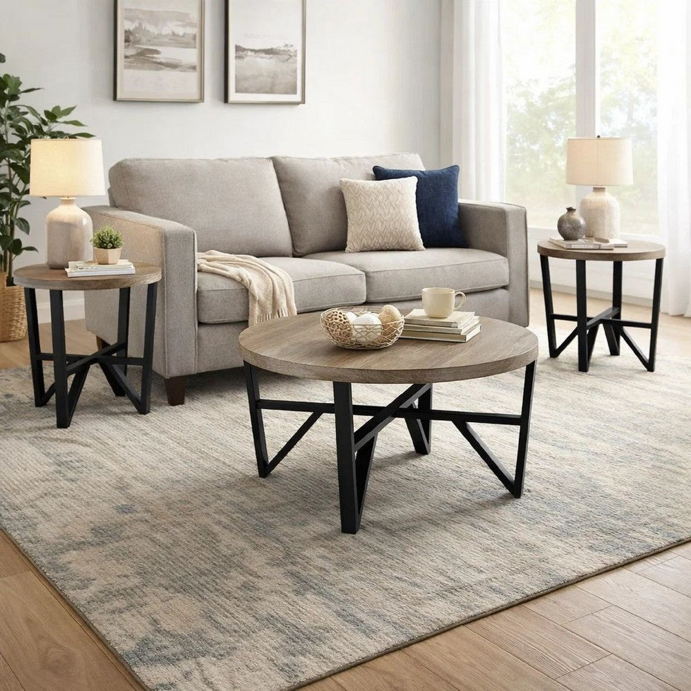 Benjara Hya 3pc Coffee And End Table Set, Brown Wood Round Top, Black Angular