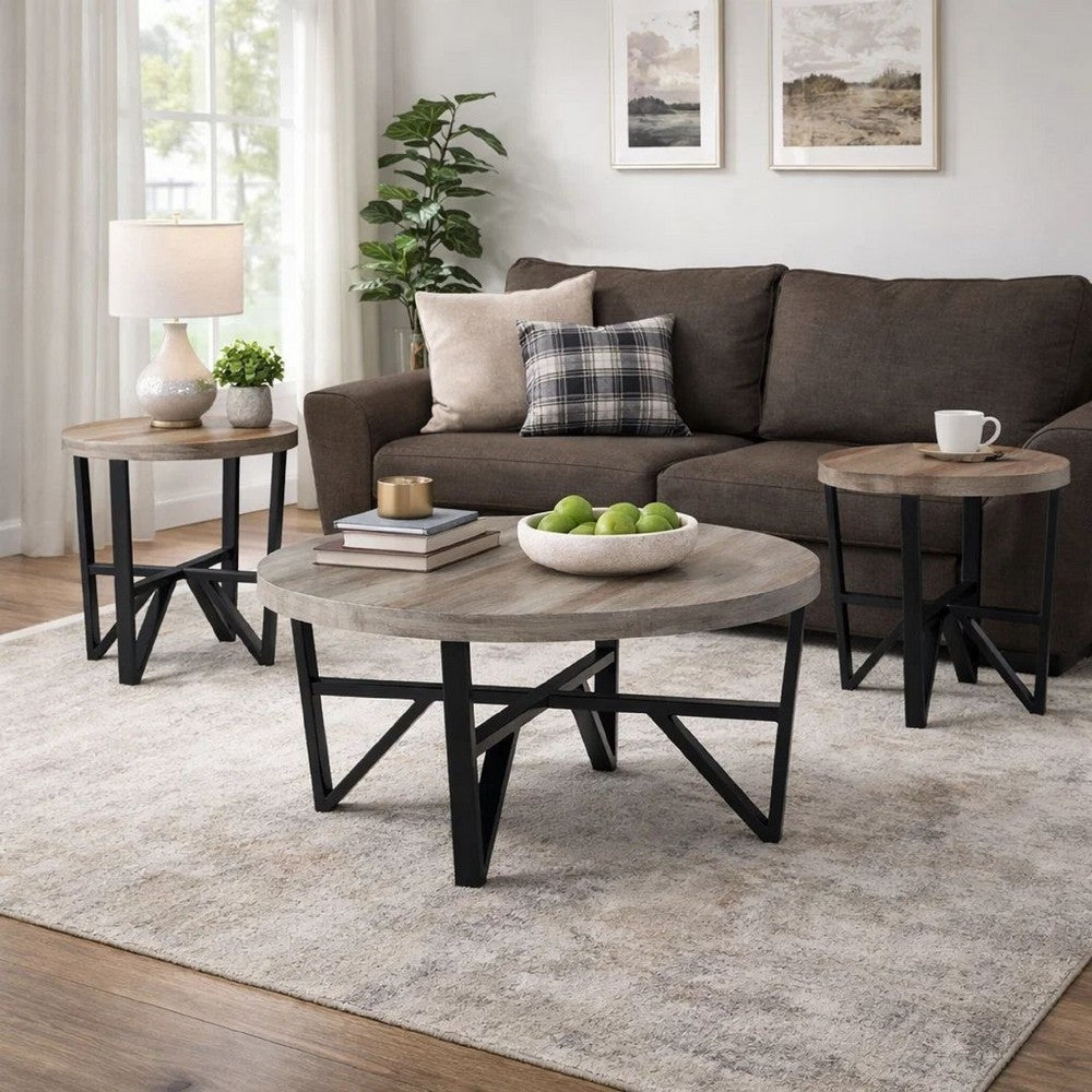 Benjara Hya 3pc Coffee And End Table Set, Brown Wood Round Top, Black Angular