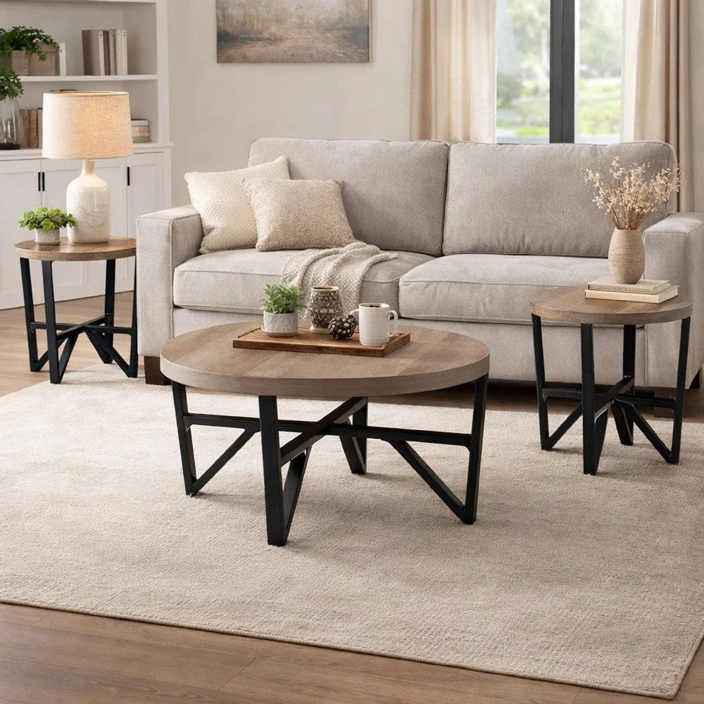 Benjara Hya 3pc Coffee And End Table Set, Brown Wood Round Top, Black Angular