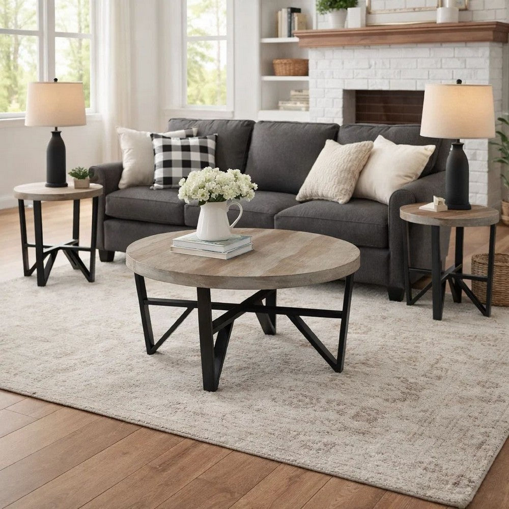 Benjara Hya 3pc Coffee And End Table Set, Brown Wood Round Top, Black Angular