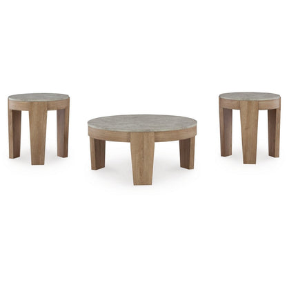 Benjara Hena 3pc Coffee And End Table Set, Round Gray Faux Cement, Brown Wood