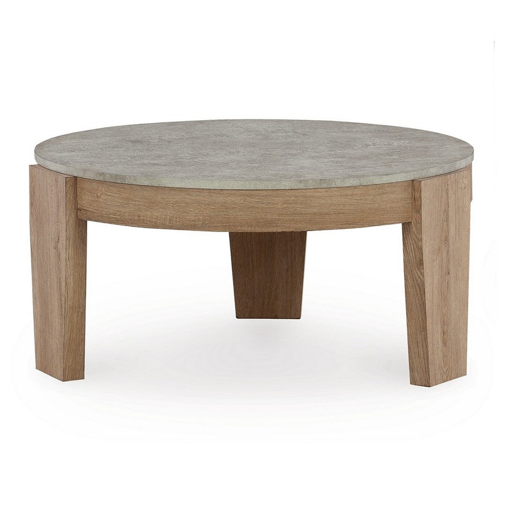 Benjara Hena 3pc Coffee And End Table Set, Round Gray Faux Cement, Brown Wood