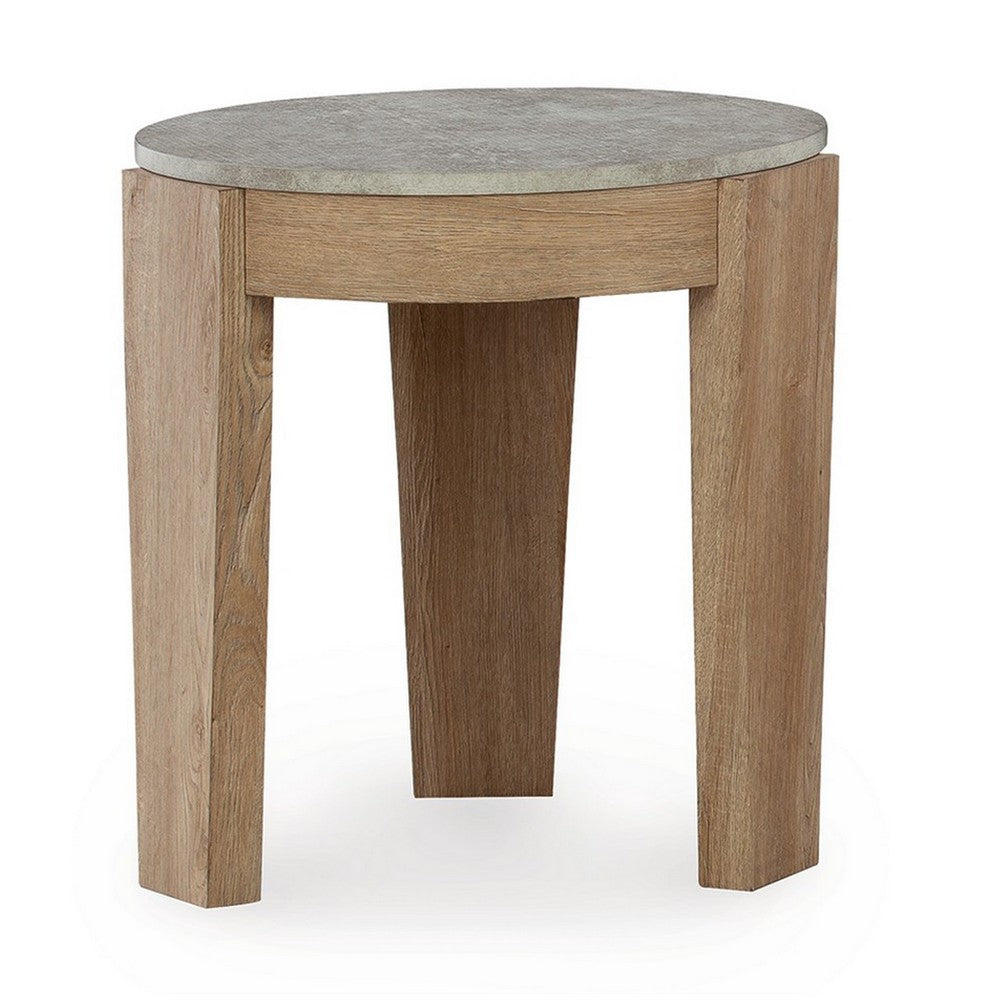 Benjara Hena 3pc Coffee And End Table Set, Round Gray Faux Cement, Brown Wood