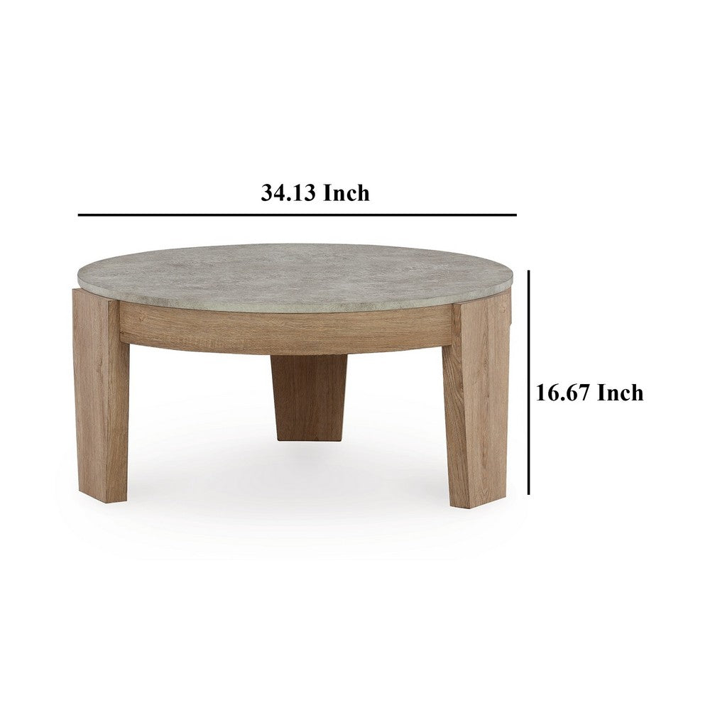 Benjara Hena 3pc Coffee And End Table Set, Round Gray Faux Cement, Brown Wood