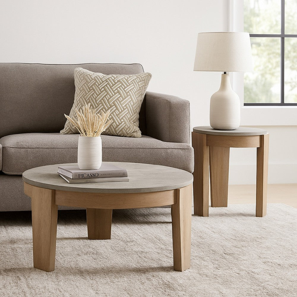 Benjara Hena 3pc Coffee And End Table Set, Round Gray Faux Cement, Brown Wood