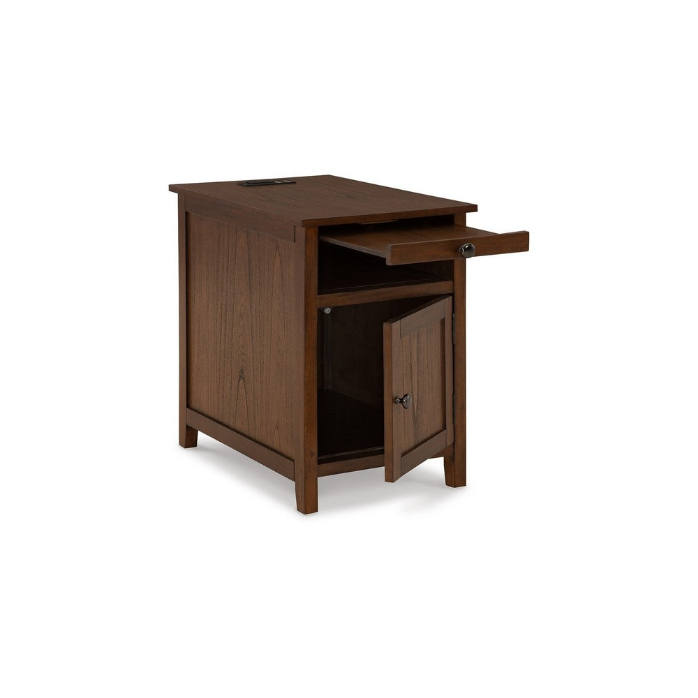 Benjara Gena Side End Table, Shelf And Pull Out Tray, Brown Solid Wood 24 Inch