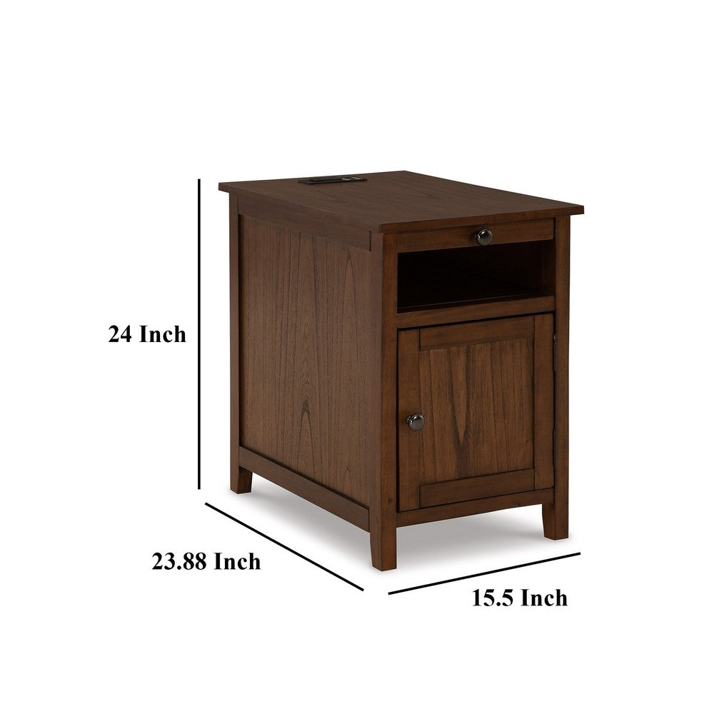 Benjara Gena Side End Table, Shelf And Pull Out Tray, Brown Solid Wood 24 Inch