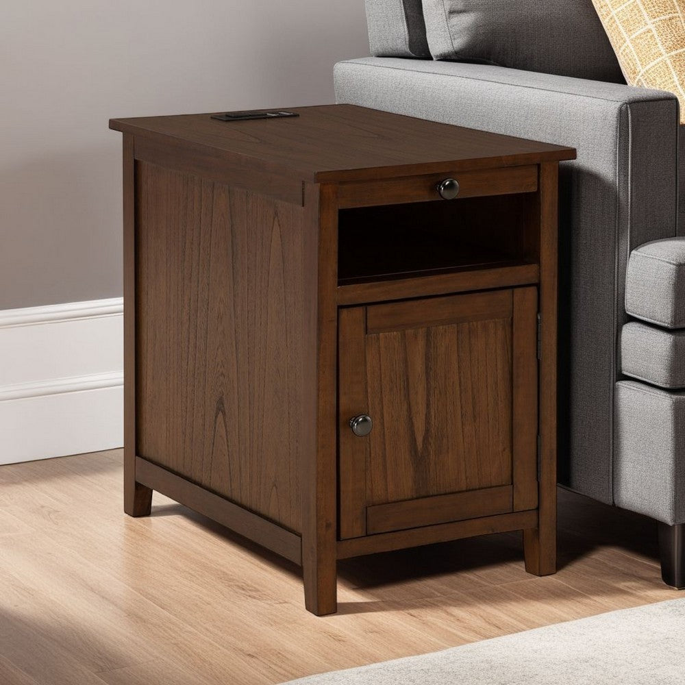 Benjara Gena Side End Table, Shelf And Pull Out Tray, Brown Solid Wood 24 Inch