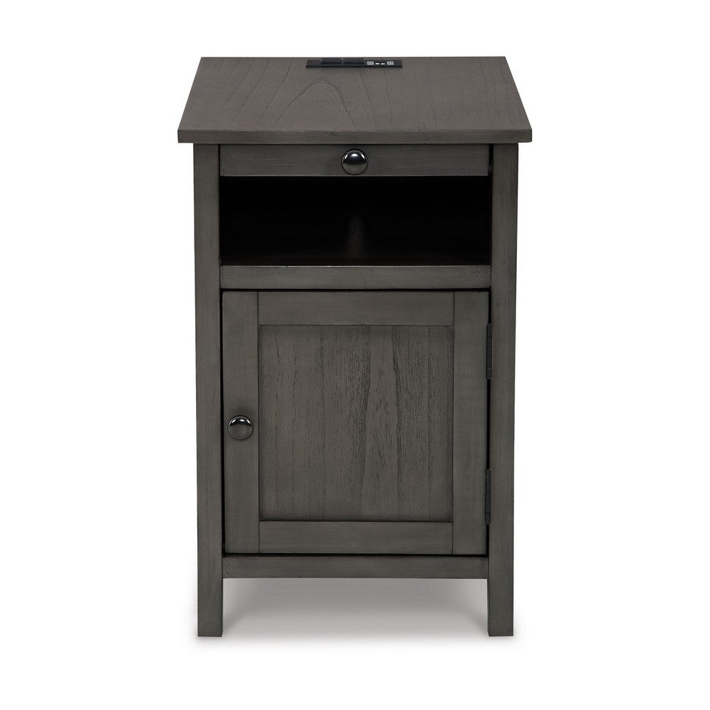 Benjara Gena Side End Table, Shelf And Pull Out Tray, Gray Solid Wood 24 Inch
