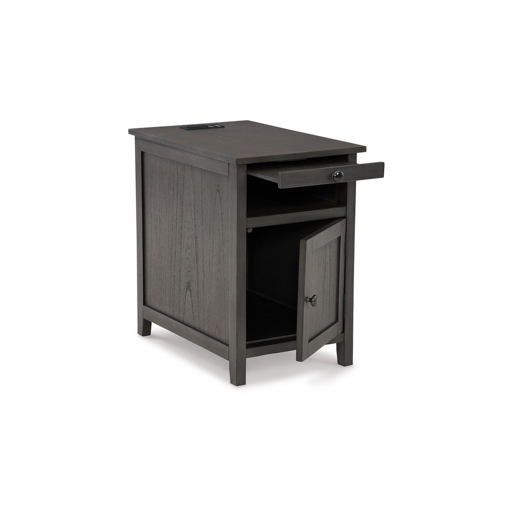 Benjara Gena Side End Table, Shelf And Pull Out Tray, Gray Solid Wood 24 Inch