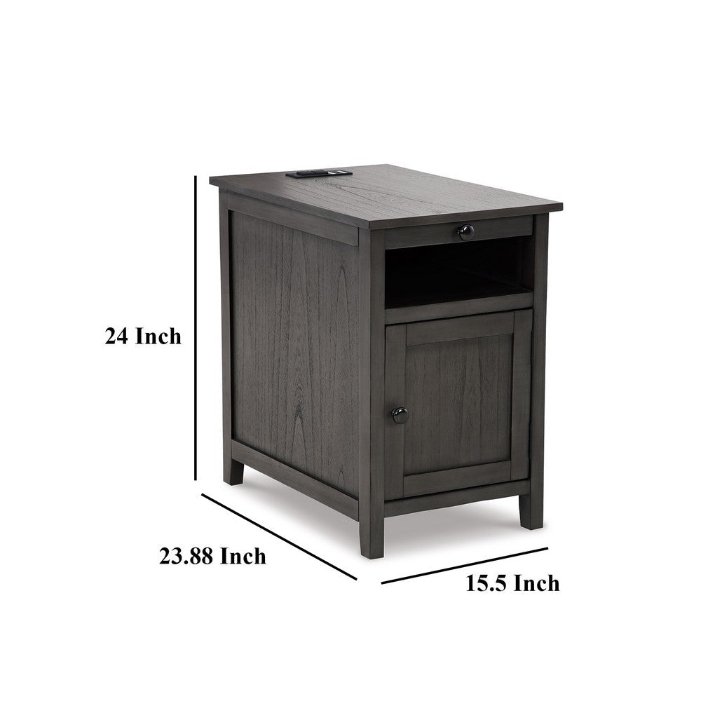 Benjara Gena Side End Table, Shelf And Pull Out Tray, Gray Solid Wood 24 Inch