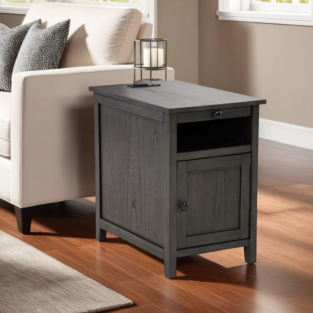 Benjara Gena Side End Table, Shelf And Pull Out Tray, Gray Solid Wood 24 Inch