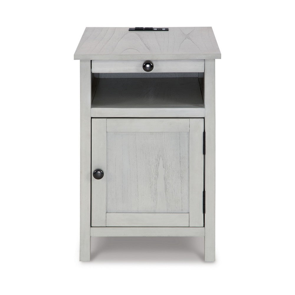Benjara Gena Side End Table, Shelf And Pull Out Tray, White Solid Wood 24 Inch