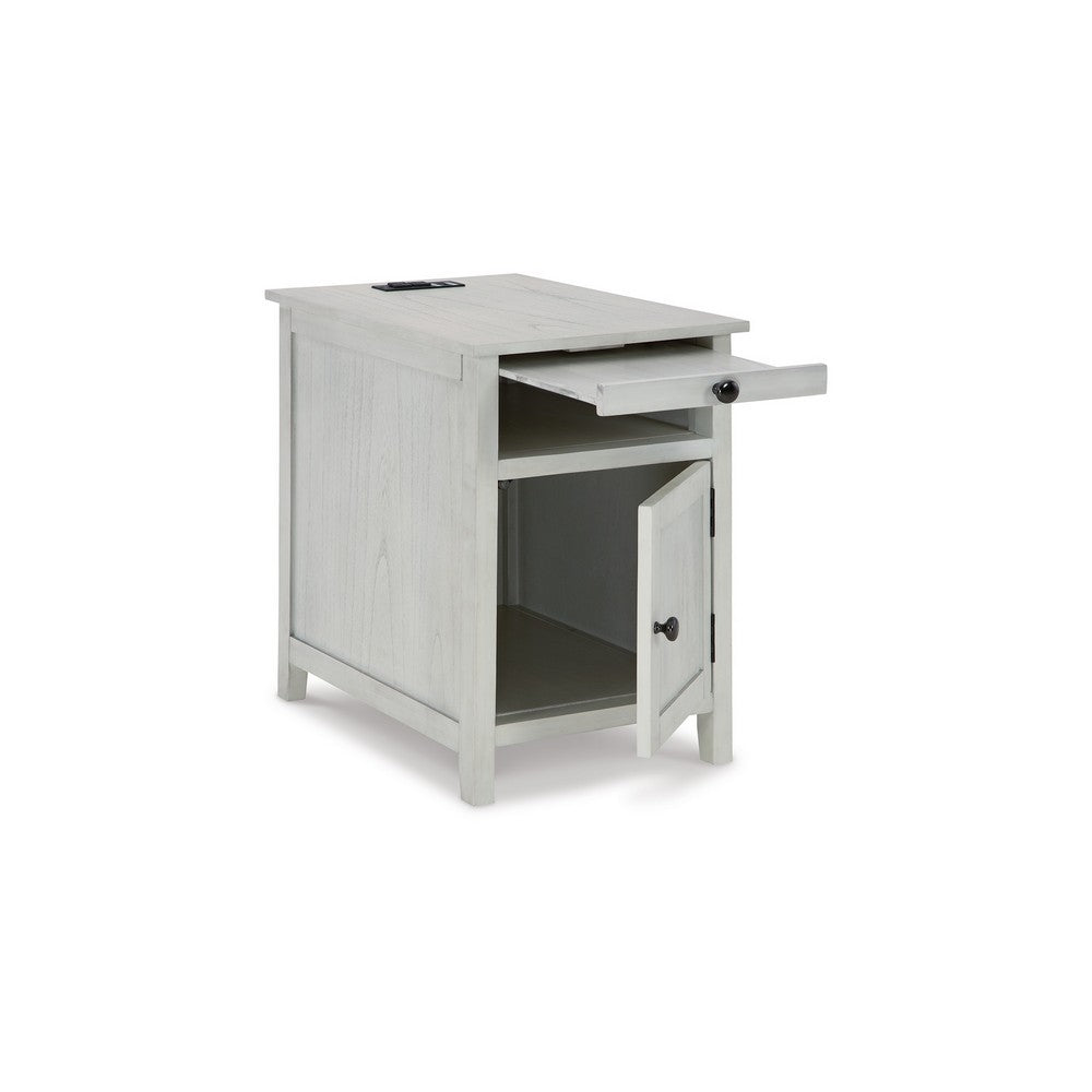Benjara Gena Side End Table, Shelf And Pull Out Tray, White Solid Wood 24 Inch