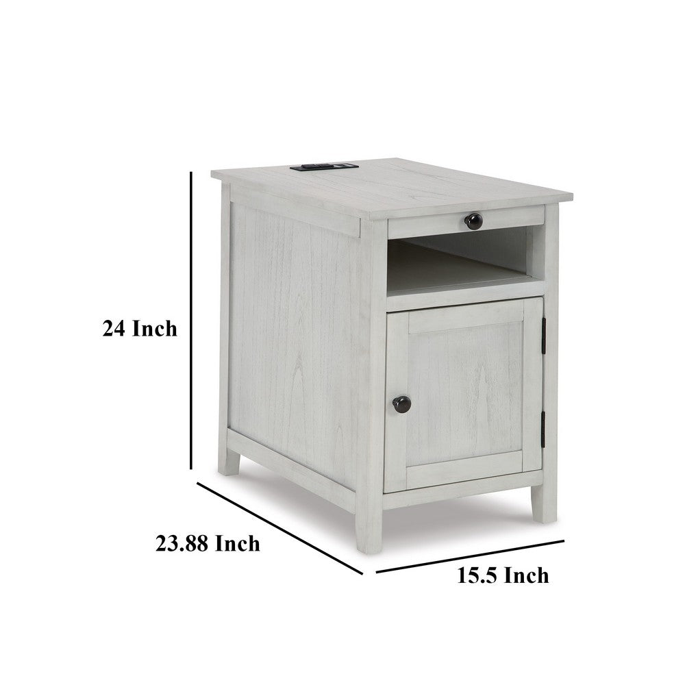 Benjara Gena Side End Table, Shelf And Pull Out Tray, White Solid Wood 24 Inch
