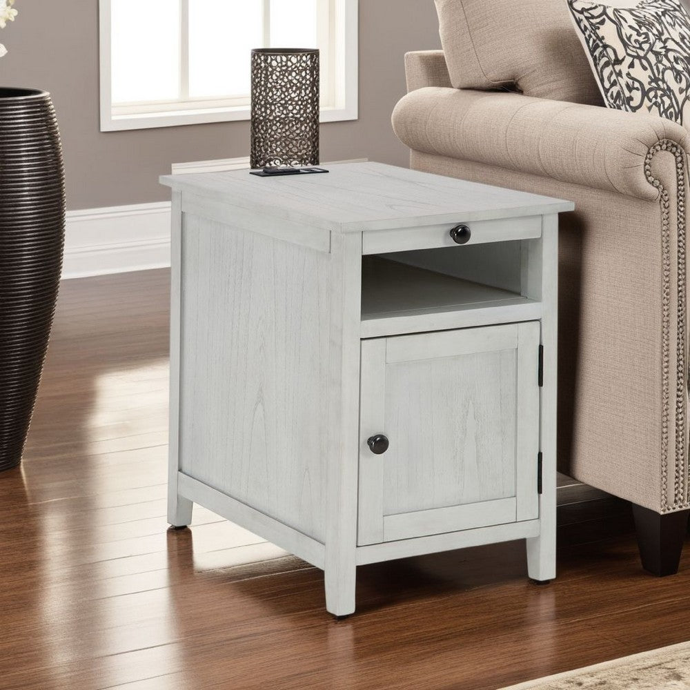 Benjara Gena Side End Table, Shelf And Pull Out Tray, White Solid Wood 24 Inch